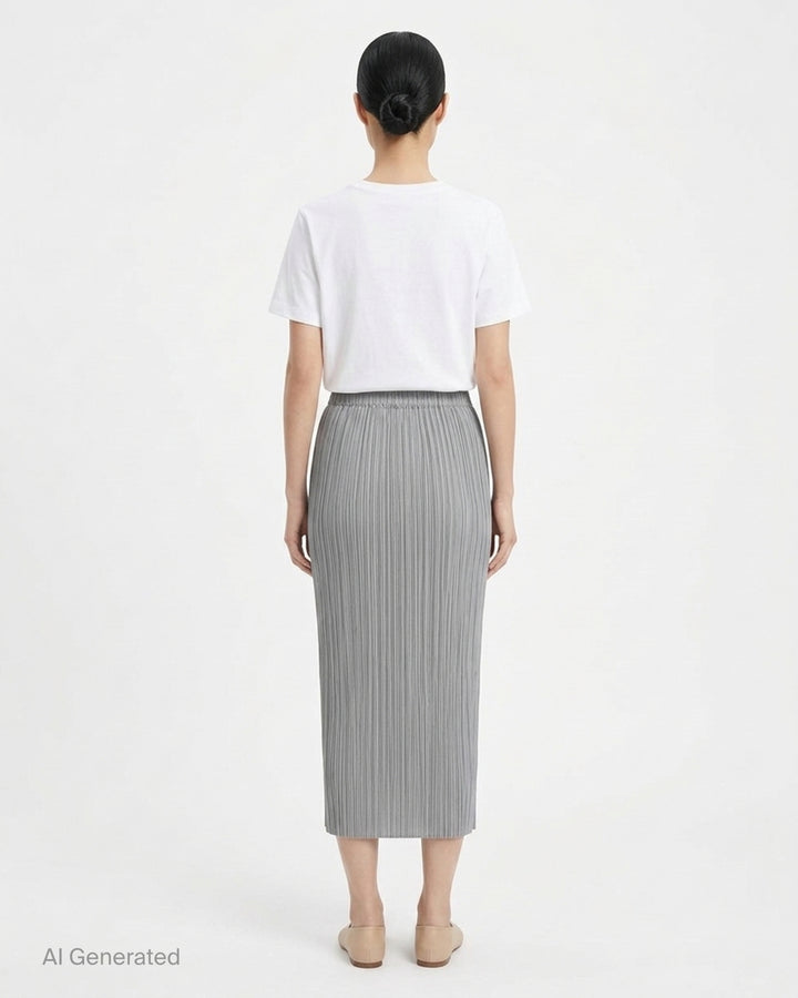 Back view of a black micro-pleated midi skirt by Pleats Please Issey Miyake with an elasticated waistband - back