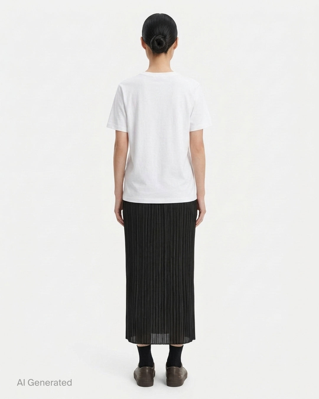 Back view of a black micro-pleated midi skirt by Pleats Please Issey Miyake with an elasticated waistband - back
