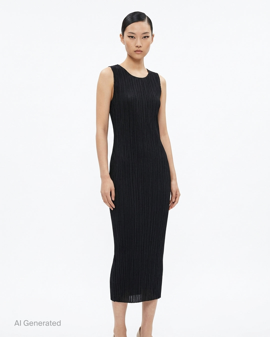 Pleats Please Issey Miyake black sleeveless pleated midi dress with scoop neckline, shown from the front - front