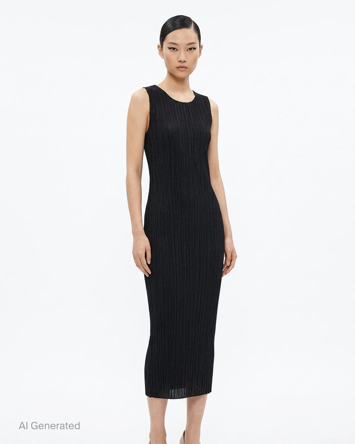 Pleats Please Issey Miyake black sleeveless pleated midi dress with scoop neckline, shown from the front - front
