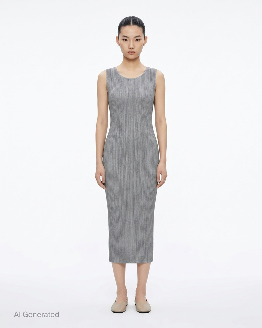 Pleats Please Issey Miyake black sleeveless pleated midi dress with scoop neckline, shown from the front - front
