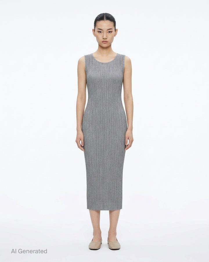 Pleats Please Issey Miyake black sleeveless pleated midi dress with scoop neckline, shown from the front - front