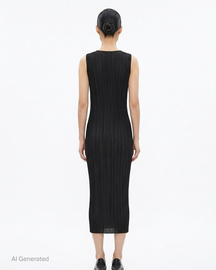 Pleats Please Issey Miyake black sleeveless pleated midi dress with scoop neckline, shown from the front - back