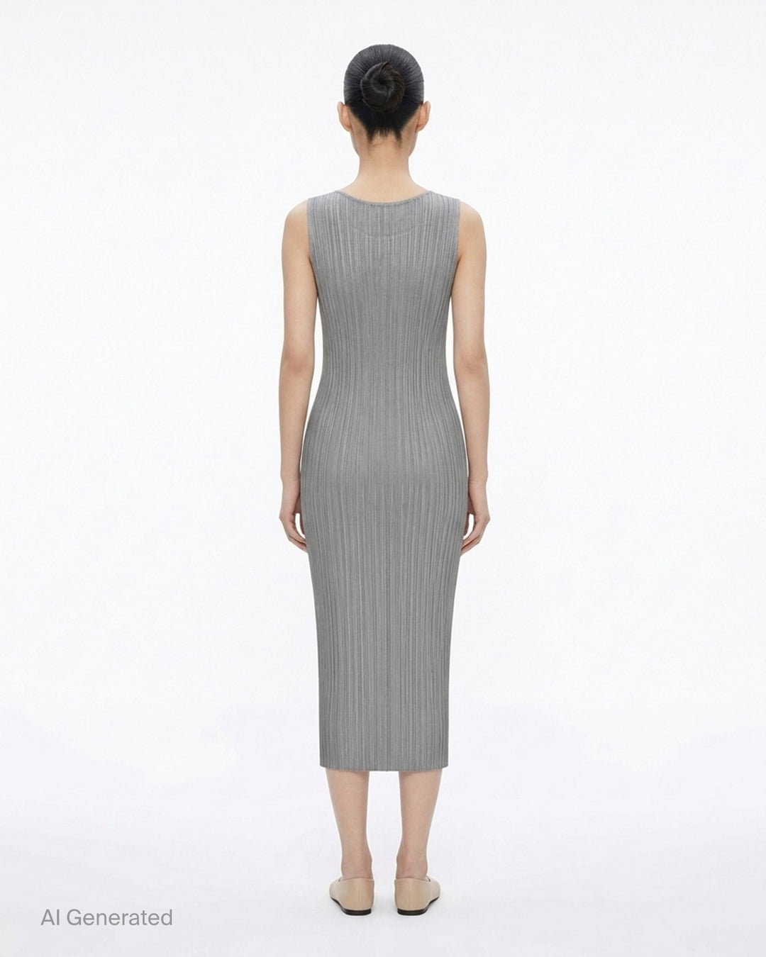 Pleats Please Issey Miyake black sleeveless pleated midi dress with scoop neckline, shown from the front - back