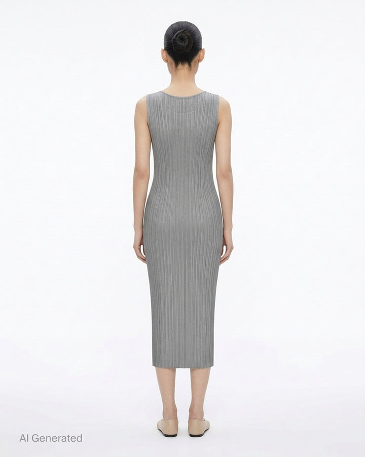 Pleats Please Issey Miyake black sleeveless pleated midi dress with scoop neckline, shown from the front - back