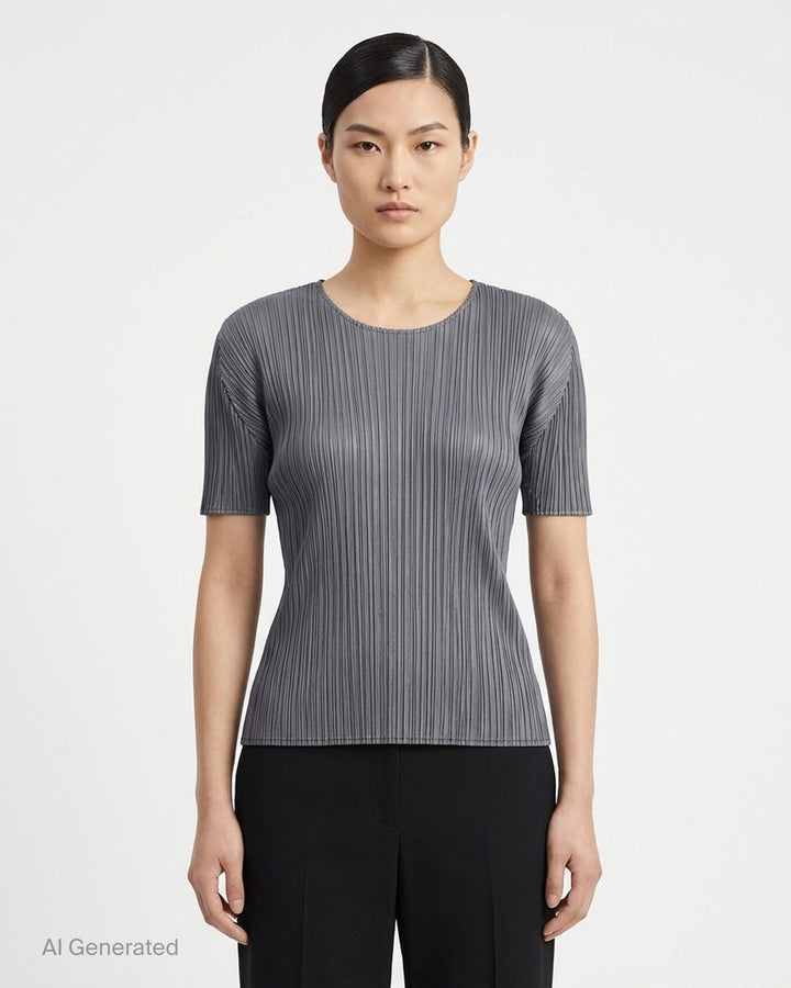 Pleats Please Issey Miyake black short sleeve pleated top with round neckline, front view - front