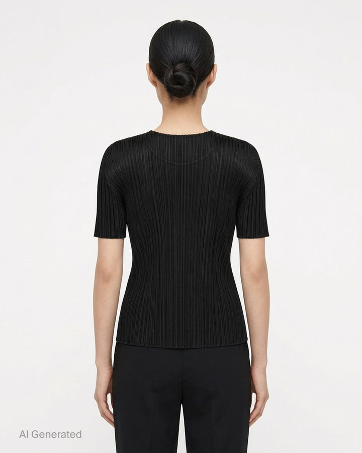 Pleats Please Issey Miyake black short sleeve pleated top with round neckline, front view - back