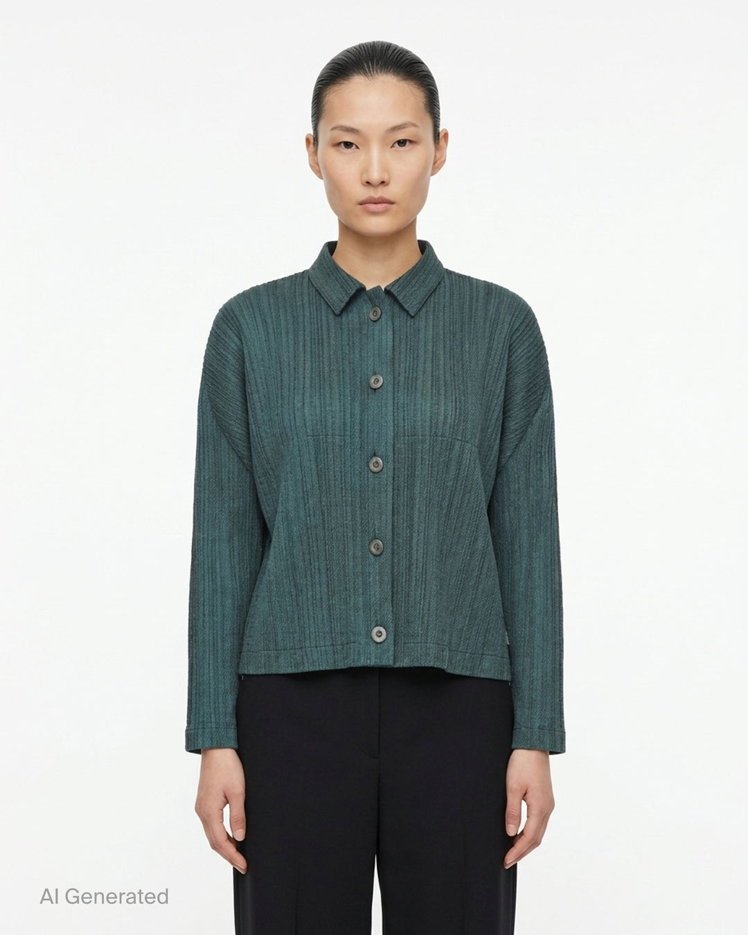 Pleats Please Issey Miyake Cotton Denim blouson in indigo blue with pleated texture, pointed collar, button front and darker shoulder panels - front