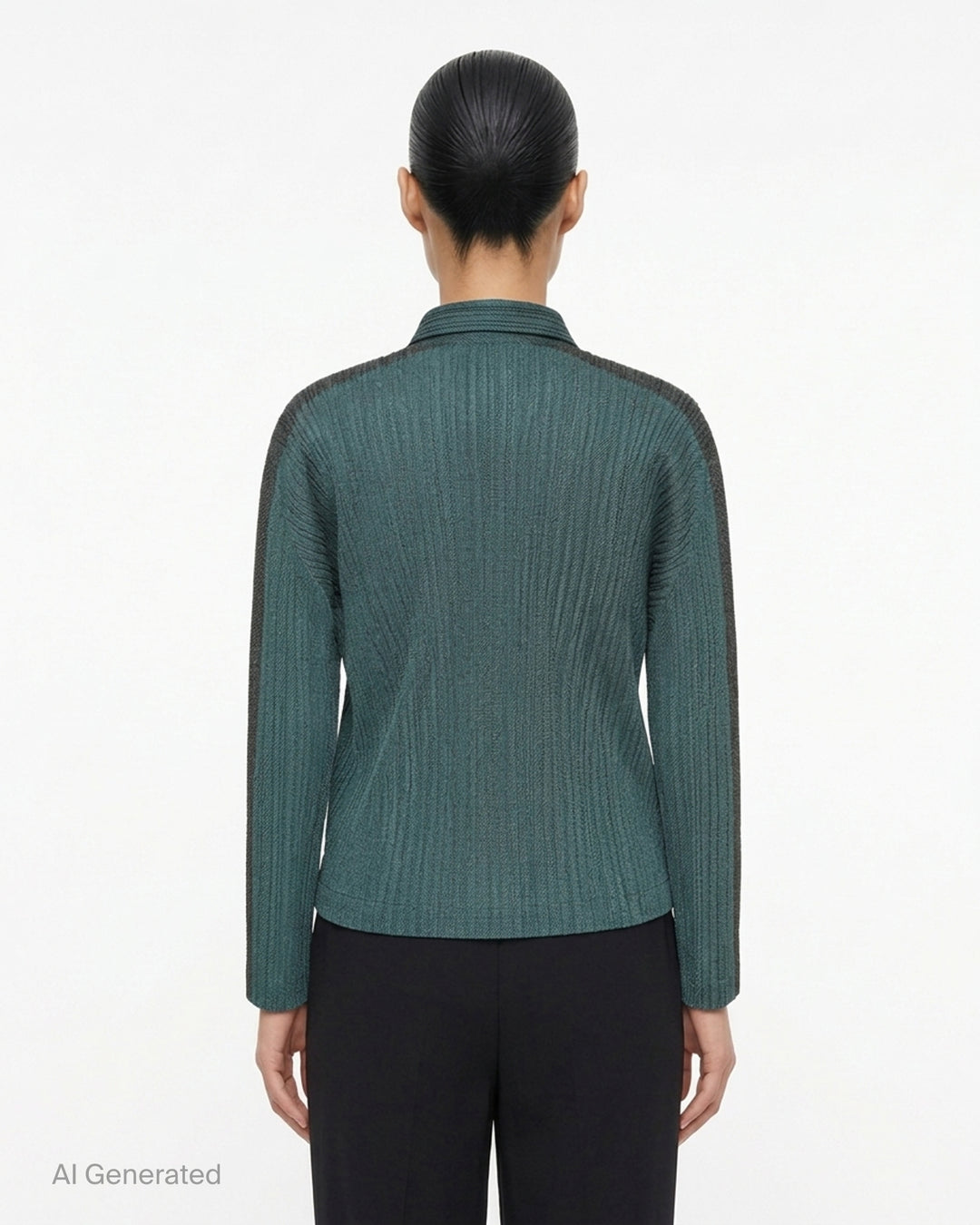 Pleats Please Issey Miyake Cotton Denim blouson in indigo blue with pleated texture, pointed collar, button front and darker shoulder panels - back