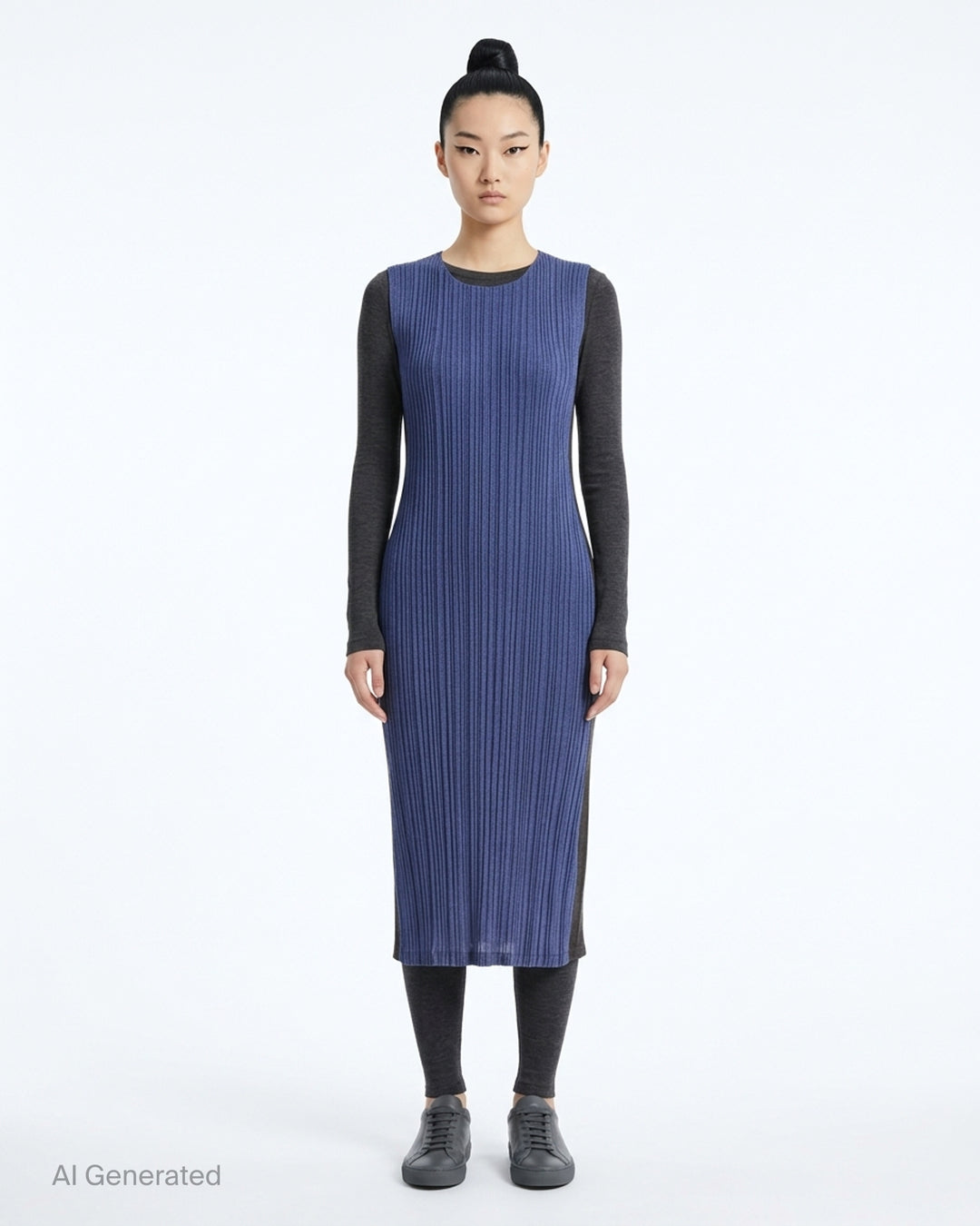 Pleats Please Issey Miyake sleeveless pleated midi dress in heathered deep teal with a round neckline and fitted silhouette - front