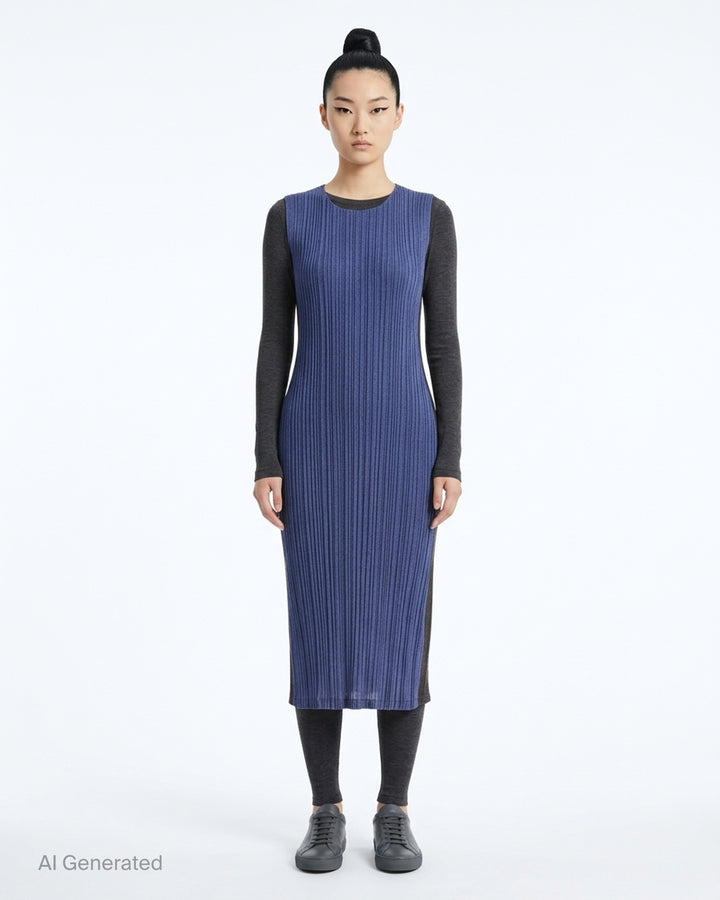 Pleats Please Issey Miyake sleeveless pleated midi dress in heathered deep teal with a round neckline and fitted silhouette - front