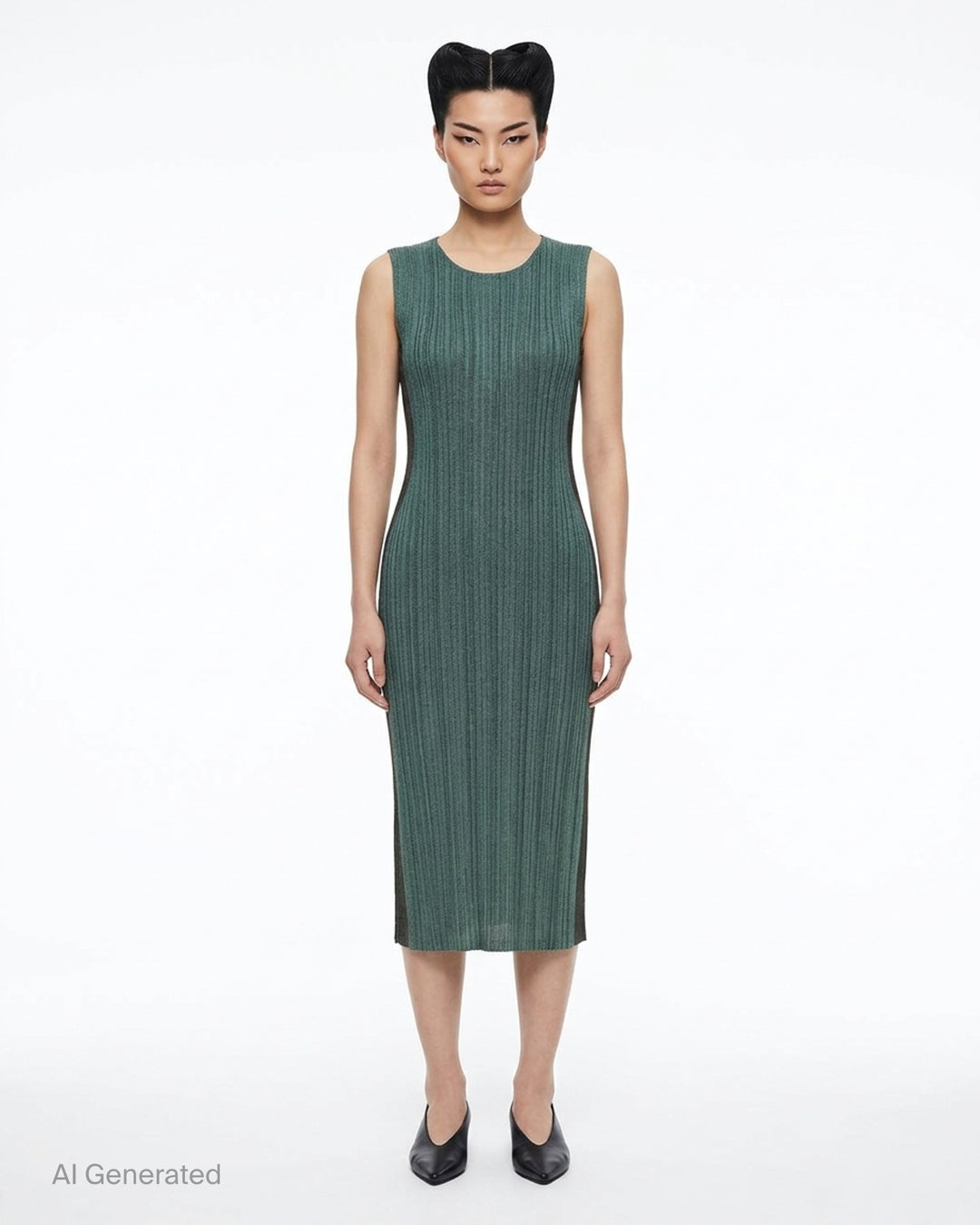 Pleats Please Issey Miyake sleeveless pleated midi dress in heathered deep teal with a round neckline and fitted silhouette - front