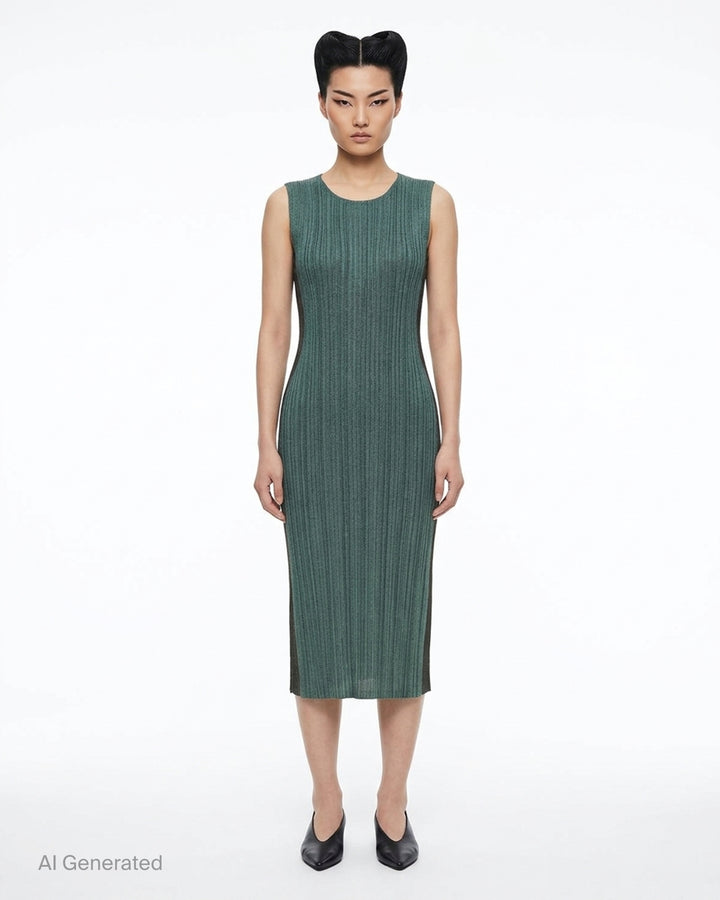 Pleats Please Issey Miyake sleeveless pleated midi dress in heathered deep teal with a round neckline and fitted silhouette - front