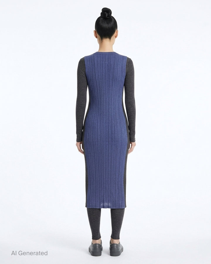 Pleats Please Issey Miyake sleeveless pleated midi dress in heathered deep teal with a round neckline and fitted silhouette - back
