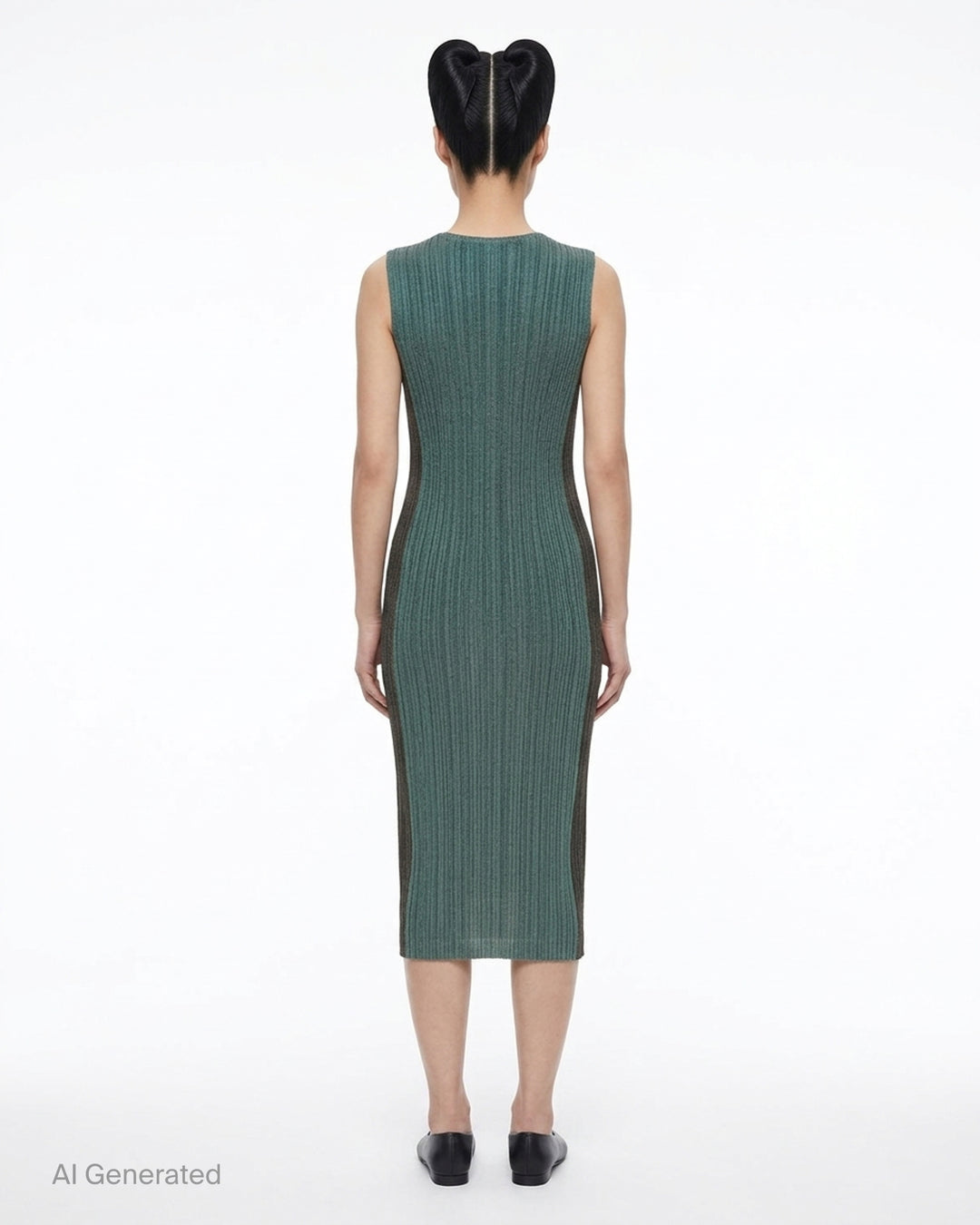 Pleats Please Issey Miyake sleeveless pleated midi dress in heathered deep teal with a round neckline and fitted silhouette - back