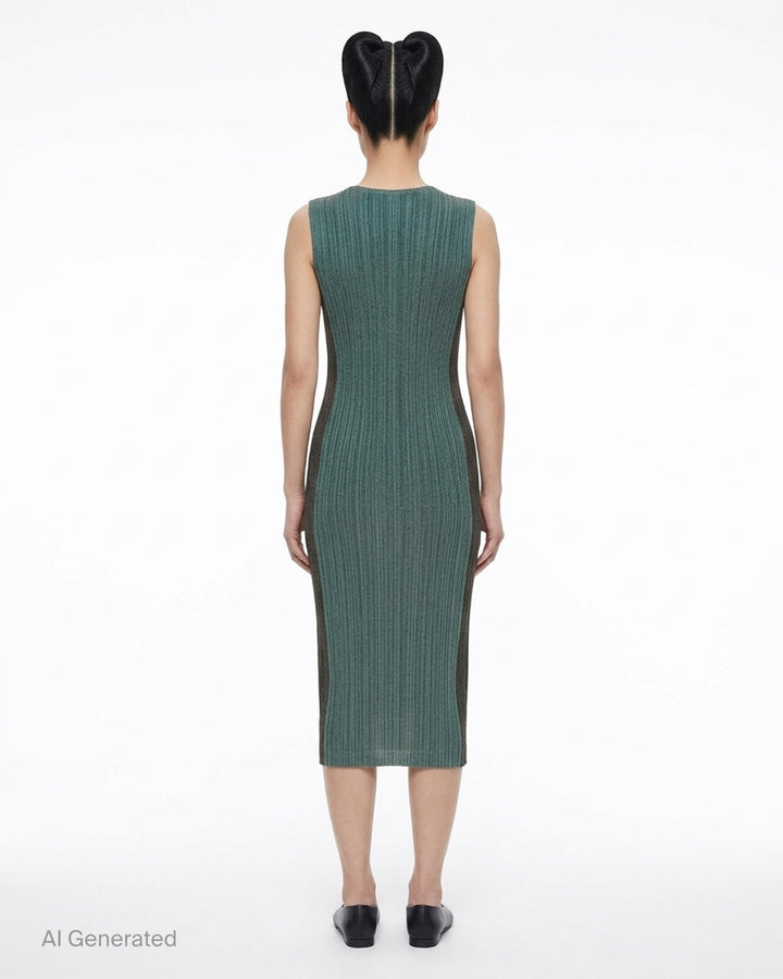 Pleats Please Issey Miyake sleeveless pleated midi dress in heathered deep teal with a round neckline and fitted silhouette - back