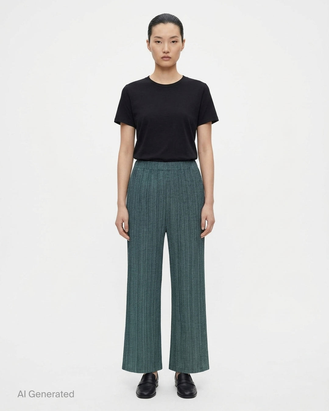 Pleats Please Issey Miyake Cotton Denim pleated wide-leg pants in textured teal-green, front view - front