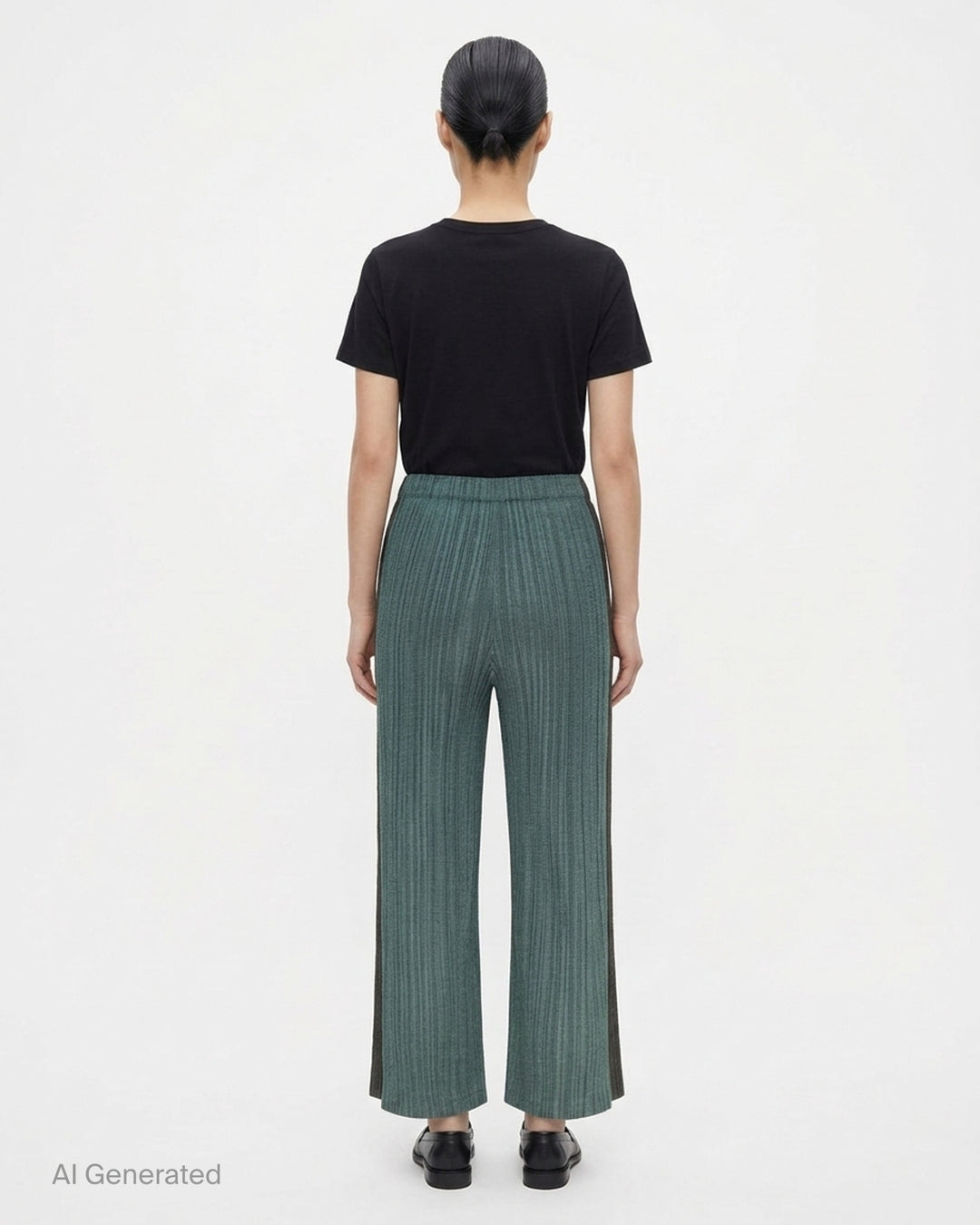 Pleats Please Issey Miyake Cotton Denim pleated wide-leg pants in textured teal-green, front view - back