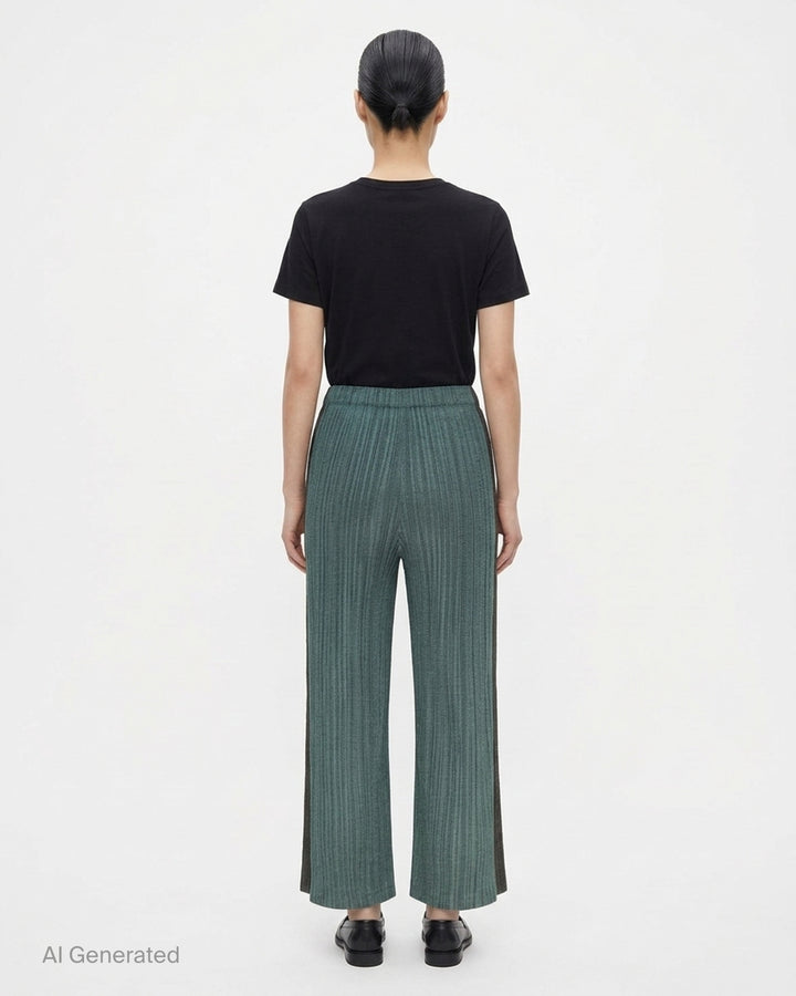 Pleats Please Issey Miyake Cotton Denim pleated wide-leg pants in textured teal-green, front view - back