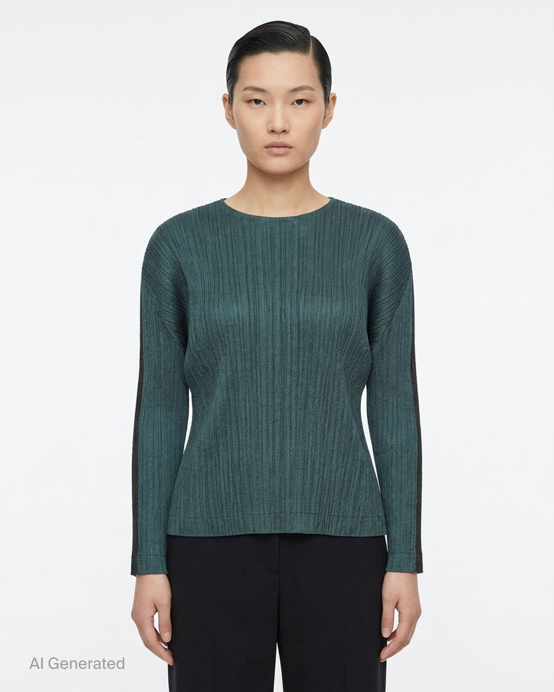 Pleats Please Issey Miyake long sleeve round-neck pleated top in deep teal with contrast tonal sleeve panel, front view - front