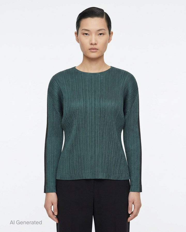 Pleats Please Issey Miyake long sleeve round-neck pleated top in deep teal with contrast tonal sleeve panel, front view - front
