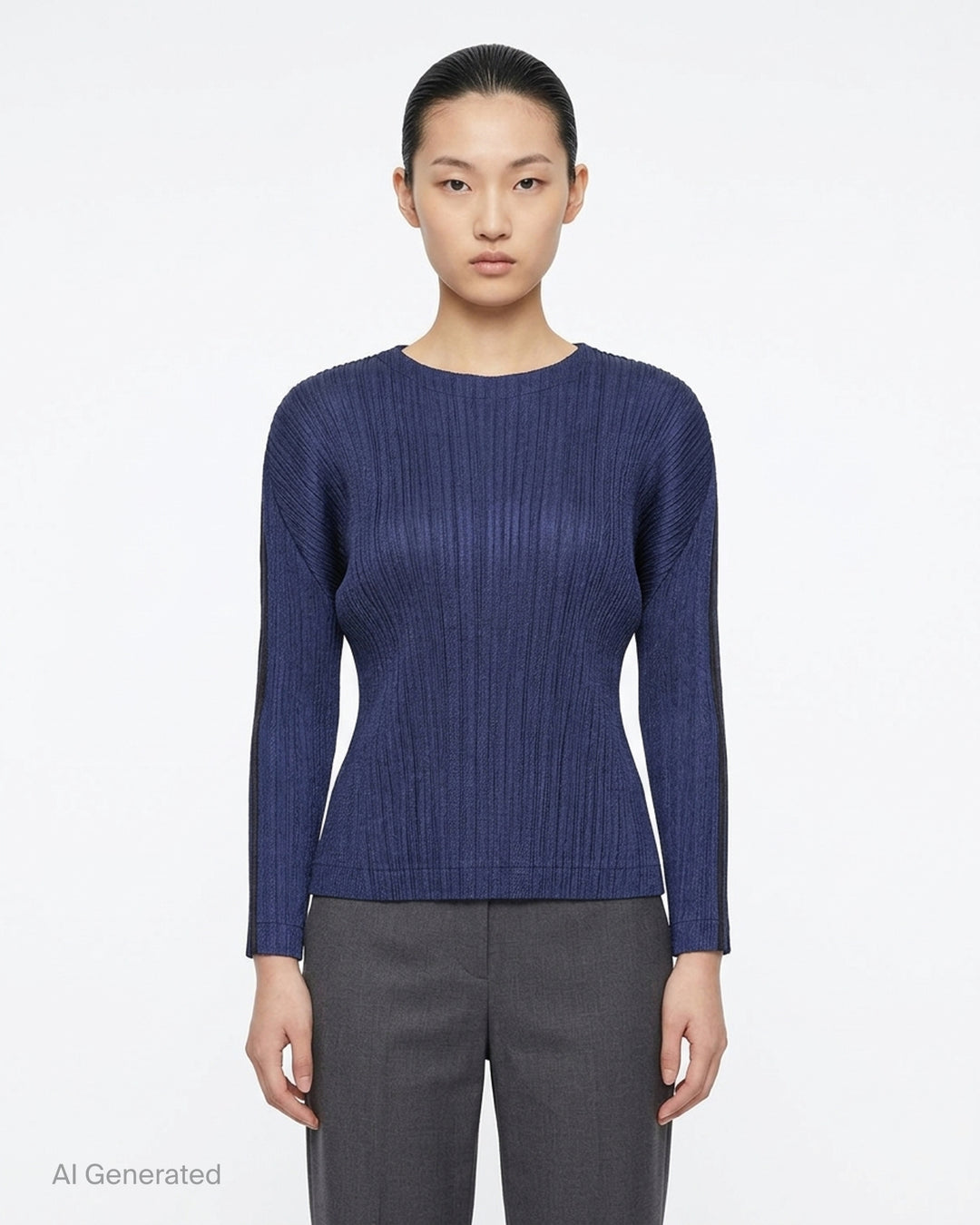 Pleats Please Issey Miyake long-sleeve pleated crew-neck top in deep teal, shown from the front - front