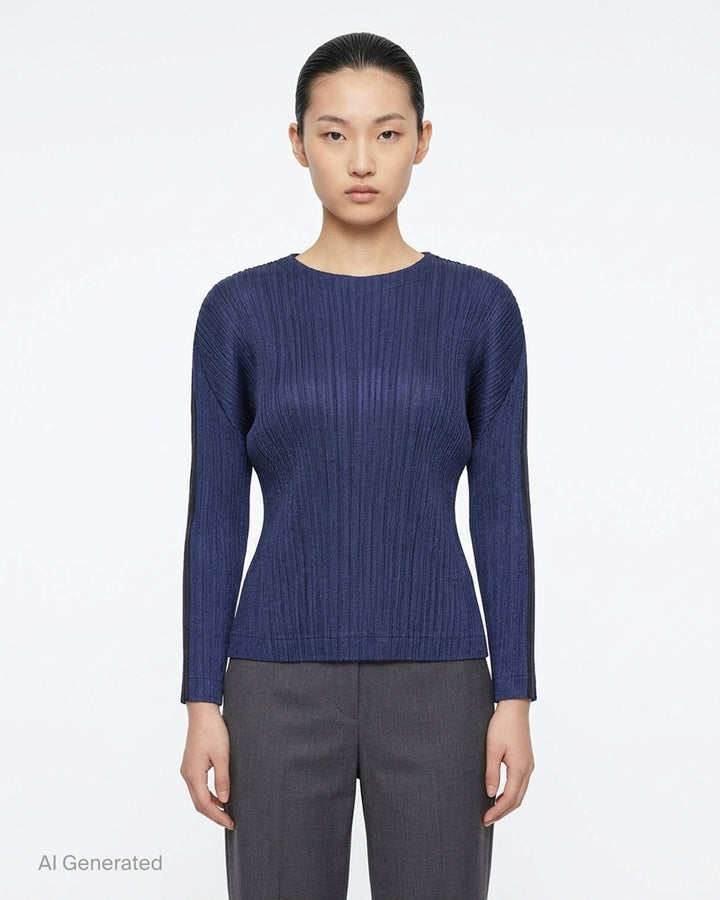 Pleats Please Issey Miyake long-sleeve pleated crew-neck top in deep teal, shown from the front - front