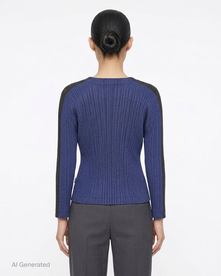 Pleats Please Issey Miyake long-sleeve pleated crew-neck top in deep teal, shown from the front - back