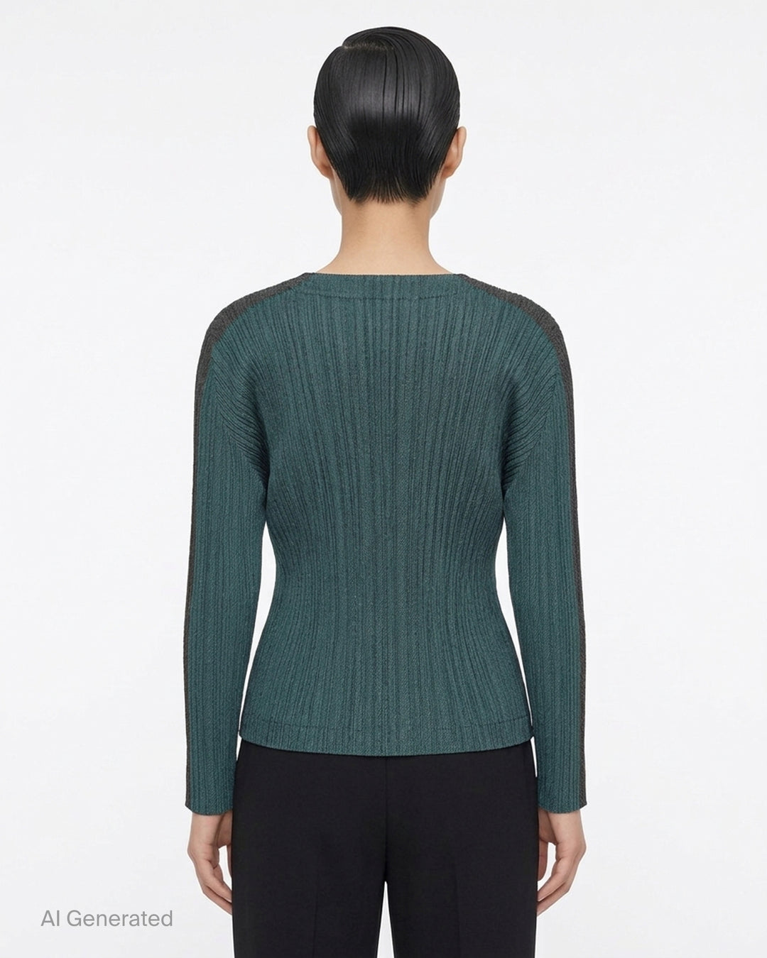 Pleats Please Issey Miyake long sleeve round-neck pleated top in deep teal with contrast tonal sleeve panel, front view - back