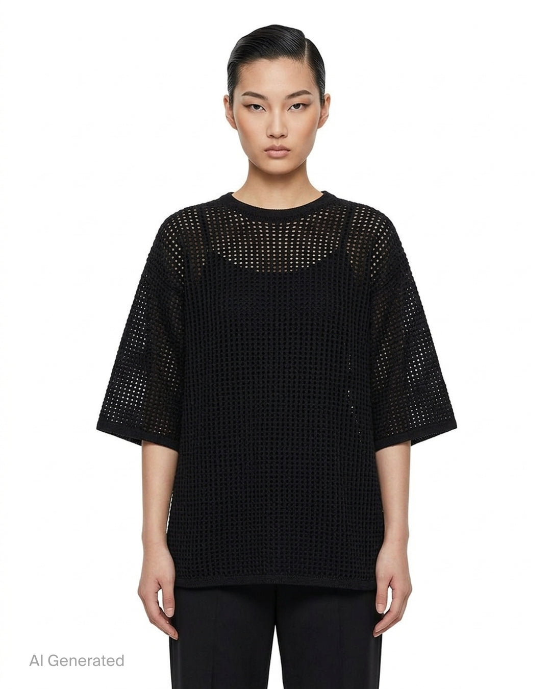 Pleats Please Issey Miyake Dot Knit — black open-work oversized half-sleeve crew neck top, shown flat from the front - front