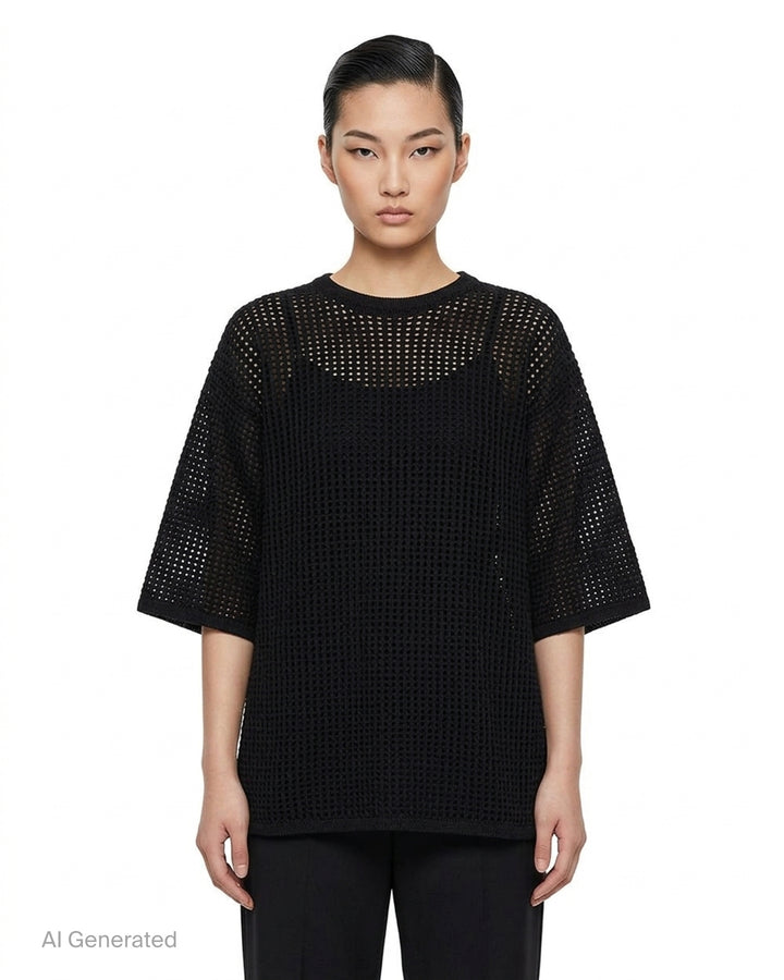Pleats Please Issey Miyake Dot Knit — black open-work oversized half-sleeve crew neck top, shown flat from the front - front