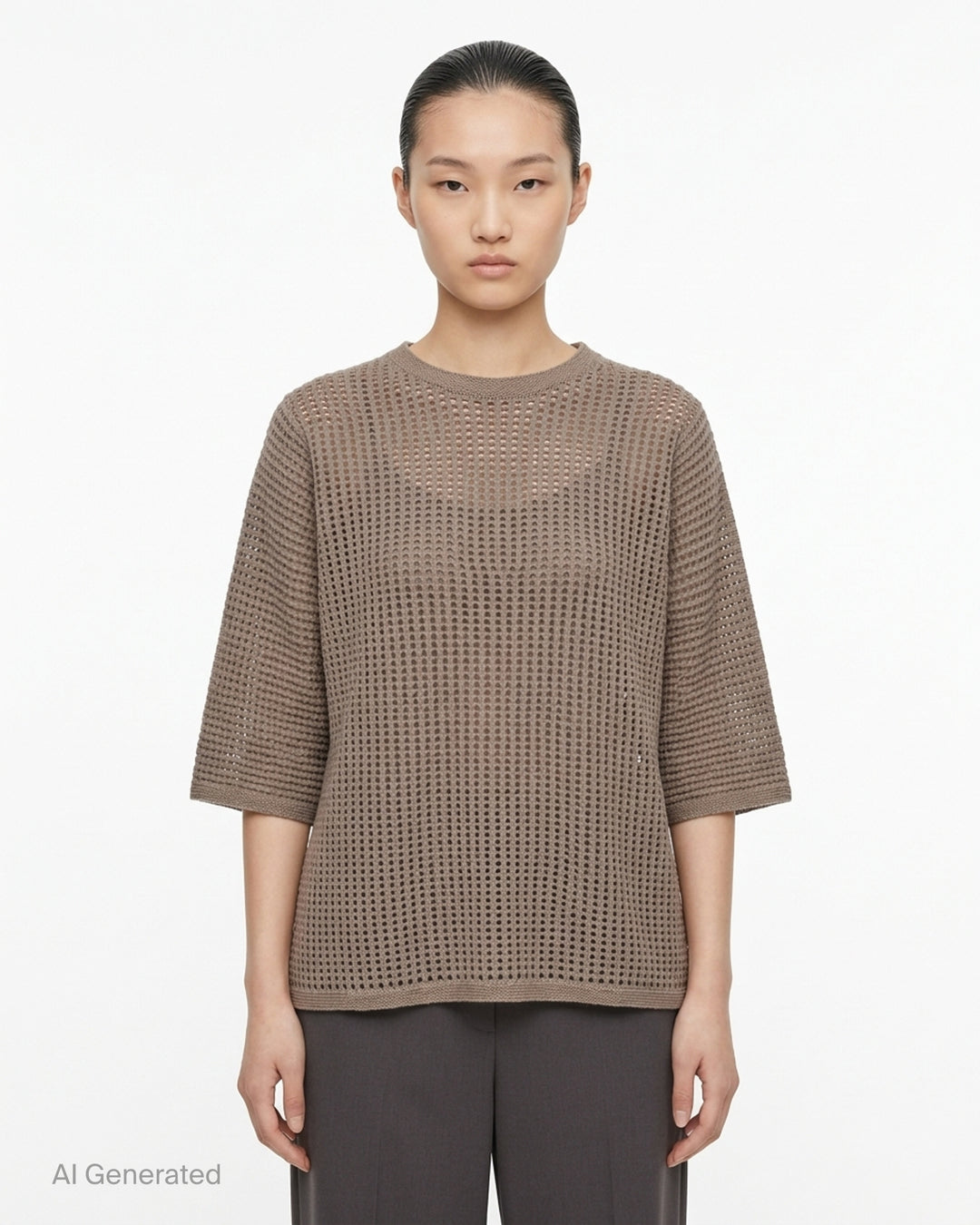 Pleats Please Issey Miyake Dot Knit — black open-work oversized half-sleeve crew neck top, shown flat from the front - front