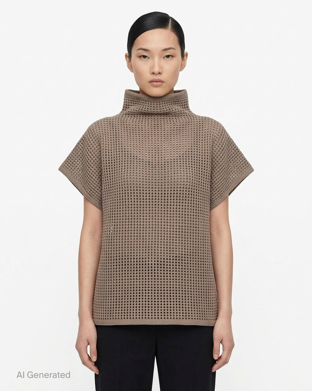 Black open-mesh dot knit top with funnel neck and cap sleeves by Pleats Please Issey Miyake - front