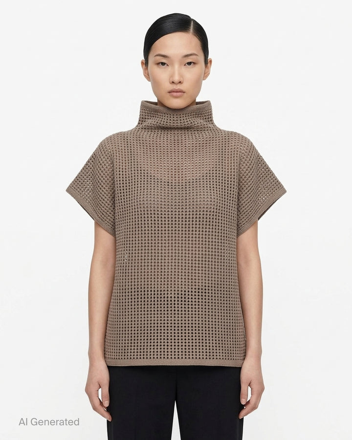 Black open-mesh dot knit top with funnel neck and cap sleeves by Pleats Please Issey Miyake - front