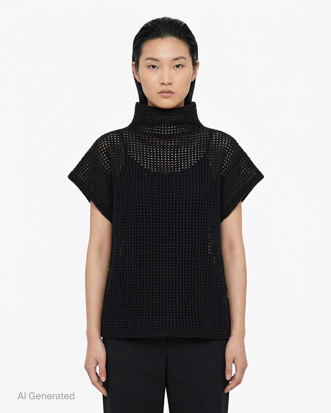 Black open-mesh dot knit top with funnel neck and cap sleeves by Pleats Please Issey Miyake - front
