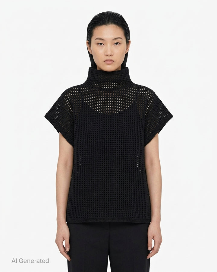 Black open-mesh dot knit top with funnel neck and cap sleeves by Pleats Please Issey Miyake - front