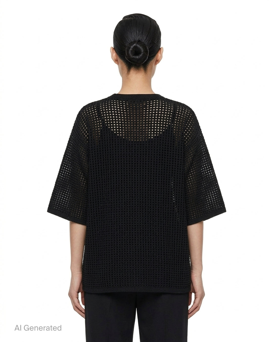 Pleats Please Issey Miyake Dot Knit — black open-work oversized half-sleeve crew neck top, shown flat from the front - back