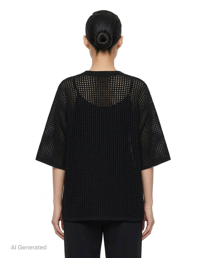 Pleats Please Issey Miyake Dot Knit — black open-work oversized half-sleeve crew neck top, shown flat from the front - back
