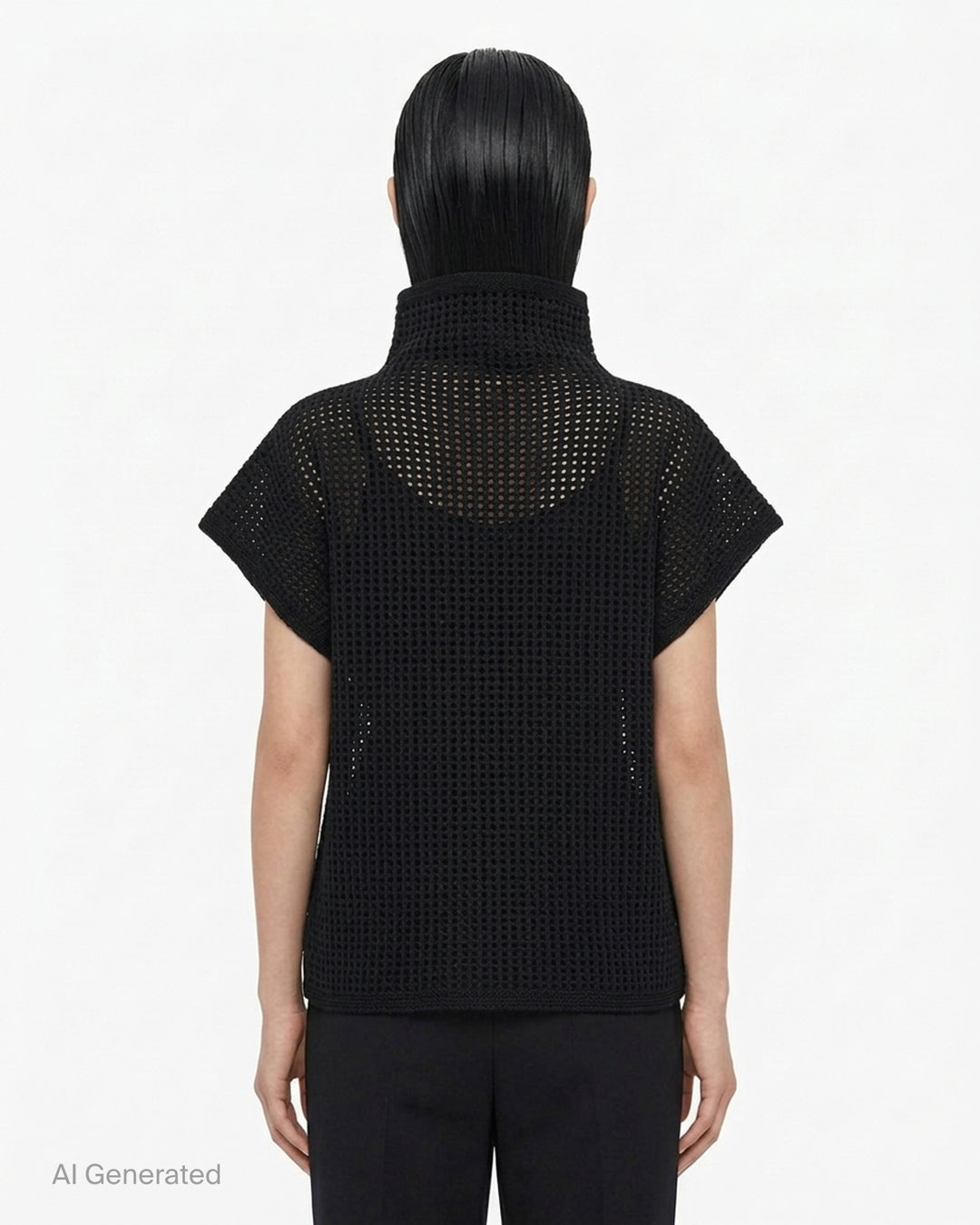 Black open-mesh dot knit top with funnel neck and cap sleeves by Pleats Please Issey Miyake - back