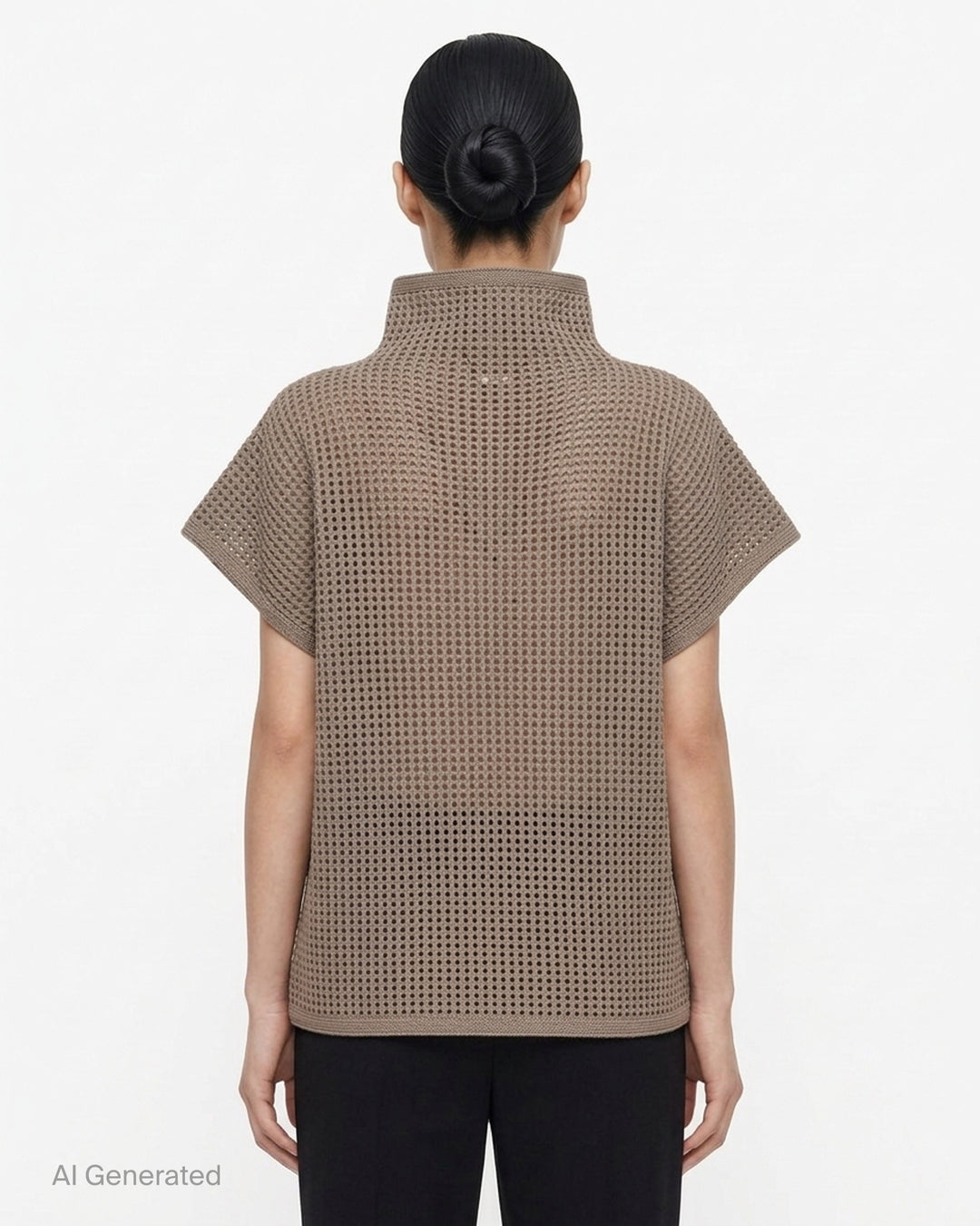 Black open-mesh dot knit top with funnel neck and cap sleeves by Pleats Please Issey Miyake - back