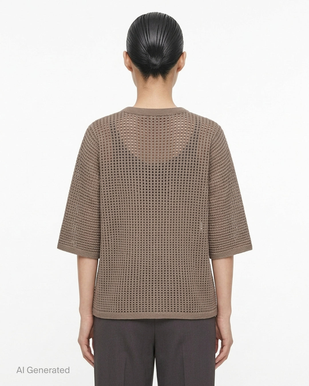 Pleats Please Issey Miyake Dot Knit — black open-work oversized half-sleeve crew neck top, shown flat from the front - back