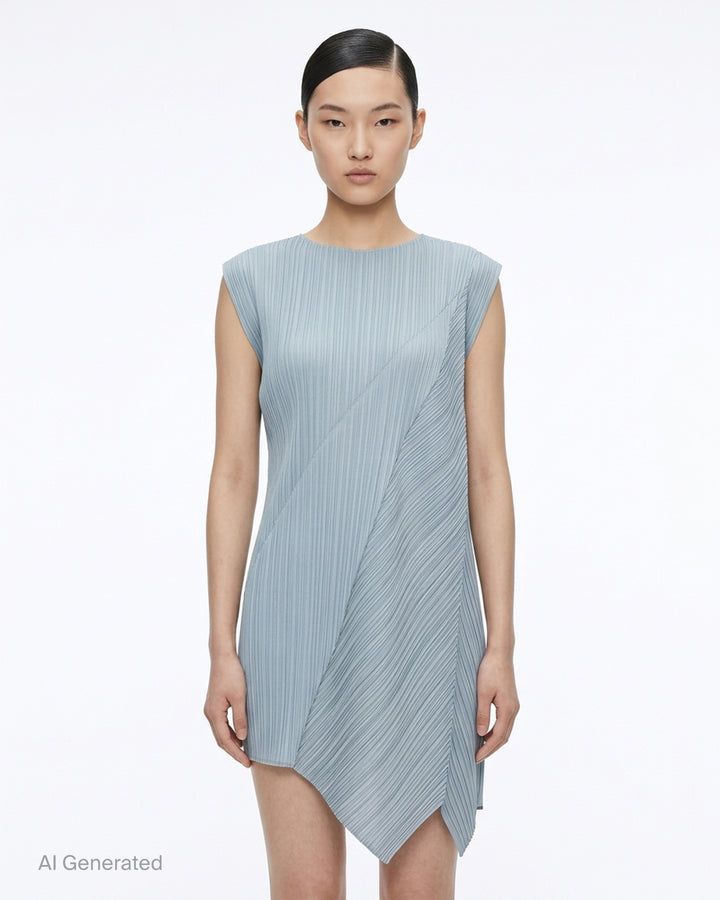 Pleats Please Issey Miyake FOLD sleeveless pleated tunic in pale blue-grey with diagonal panel seam and asymmetric hem - front