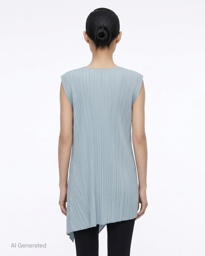 Pleats Please Issey Miyake FOLD sleeveless pleated tunic in pale blue-grey with diagonal panel seam and asymmetric hem - back