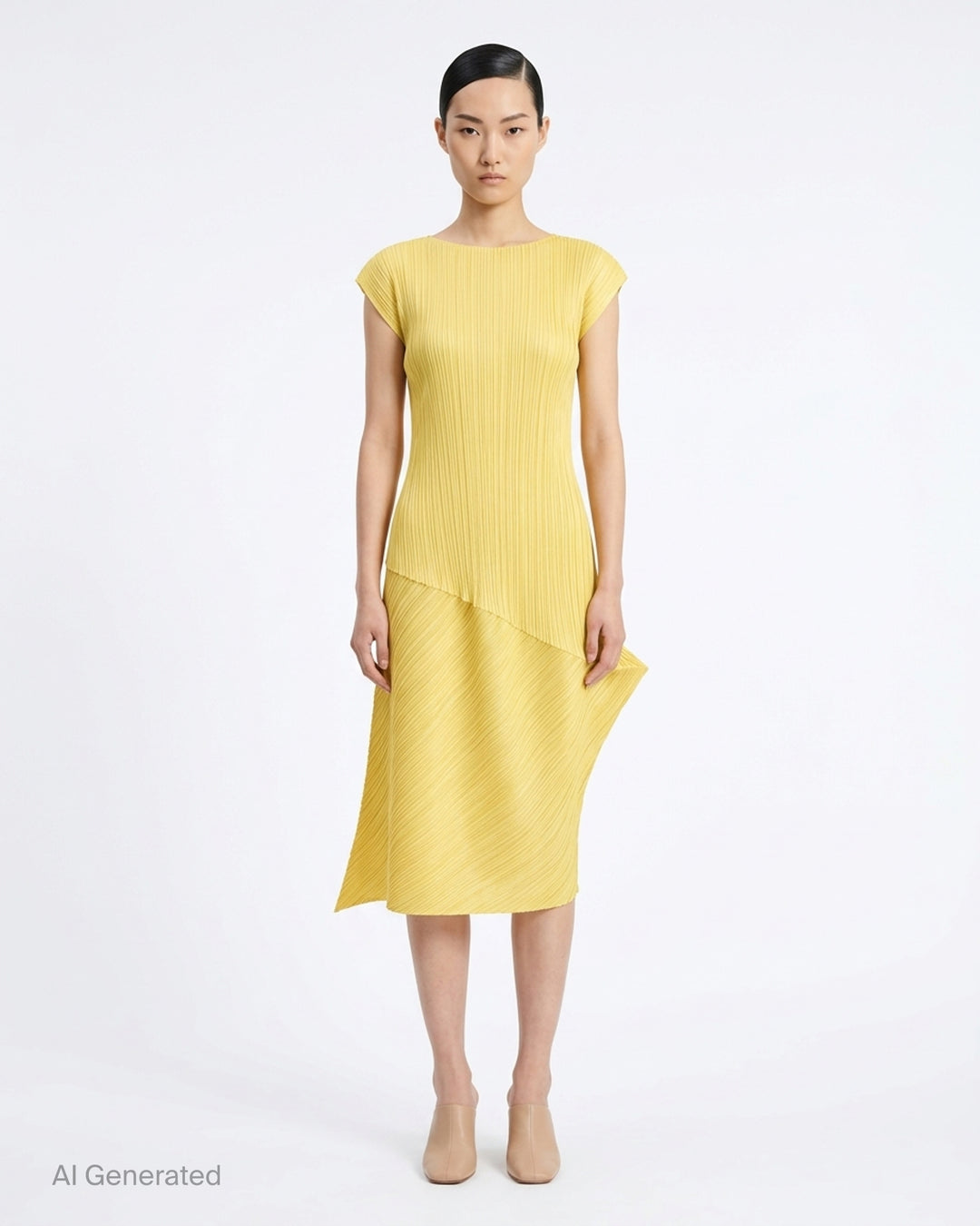 Black sleeveless pleated midi dress by Pleats Please Issey Miyake with vertical pleated bodice and asymmetric diagonal-pleated skirt - front