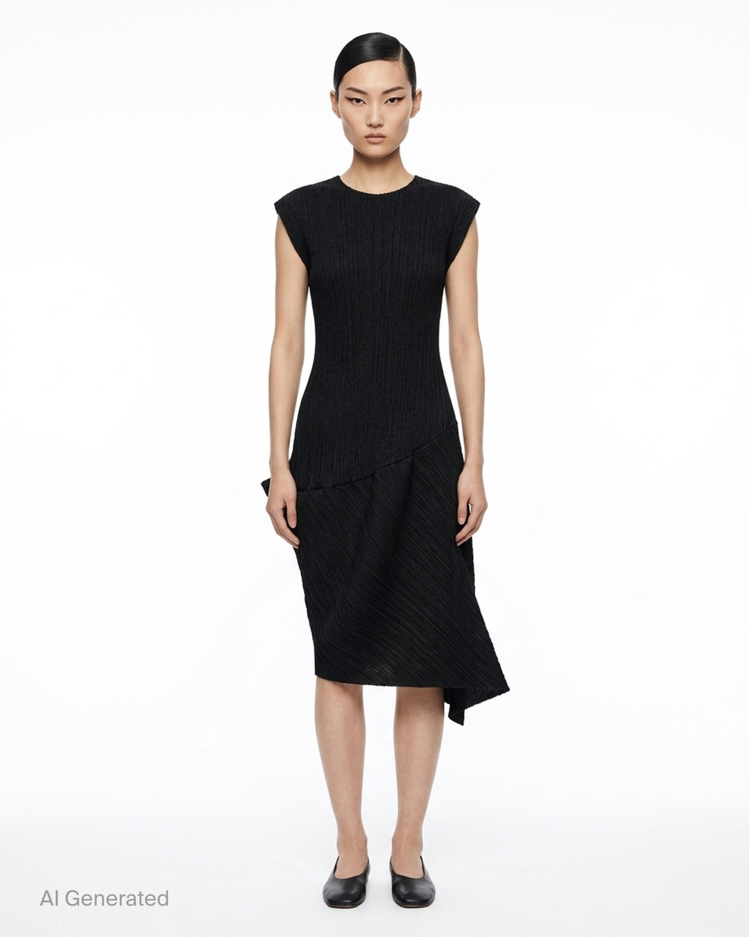 Black sleeveless pleated midi dress by Pleats Please Issey Miyake with vertical pleated bodice and asymmetric diagonal-pleated skirt - front
