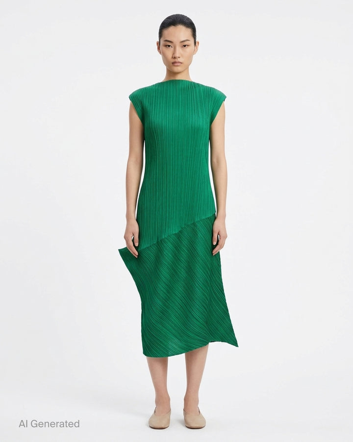 Black sleeveless pleated midi dress by Pleats Please Issey Miyake with vertical pleated bodice and asymmetric diagonal-pleated skirt - front