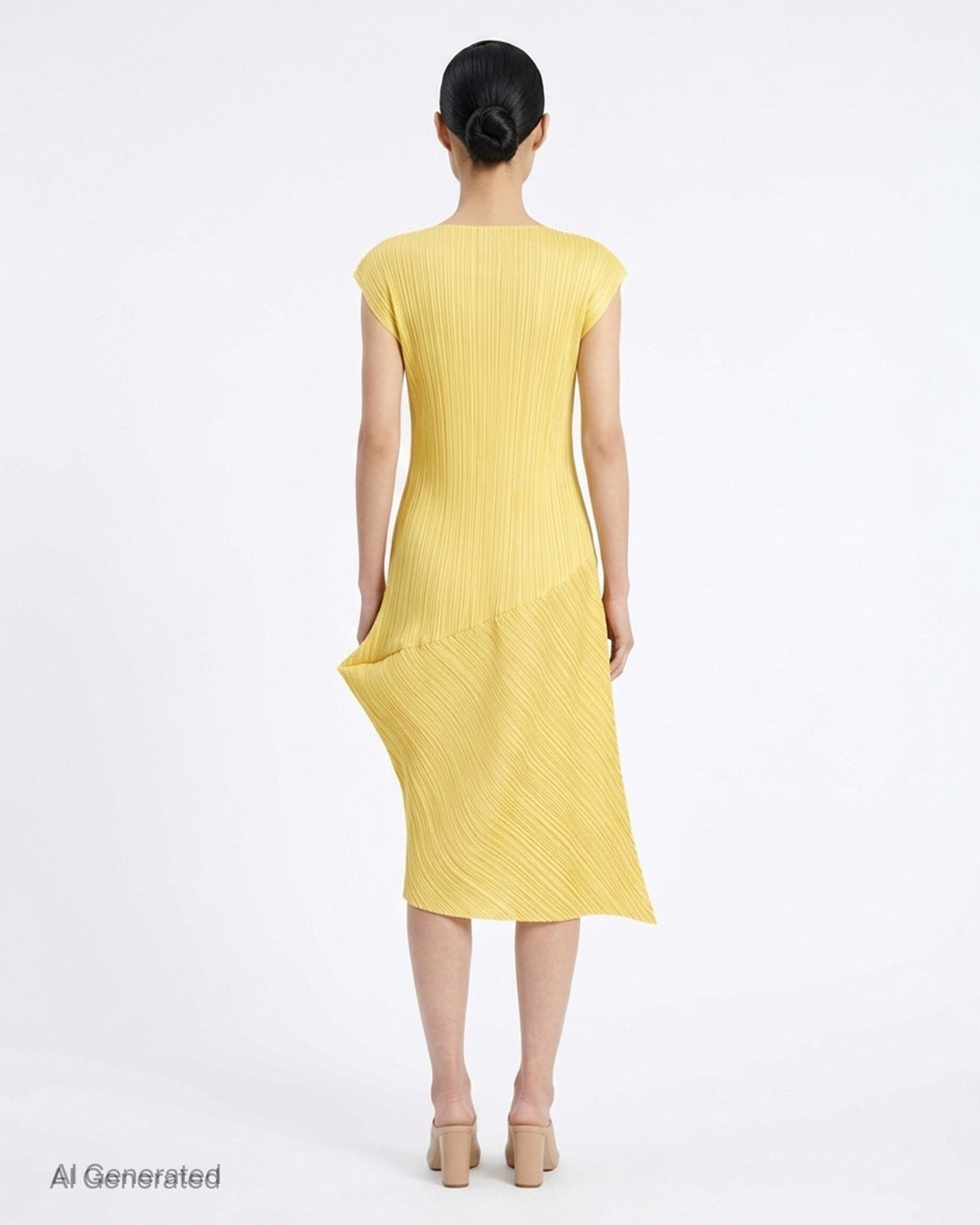 Black sleeveless pleated midi dress by Pleats Please Issey Miyake with vertical pleated bodice and asymmetric diagonal-pleated skirt - back