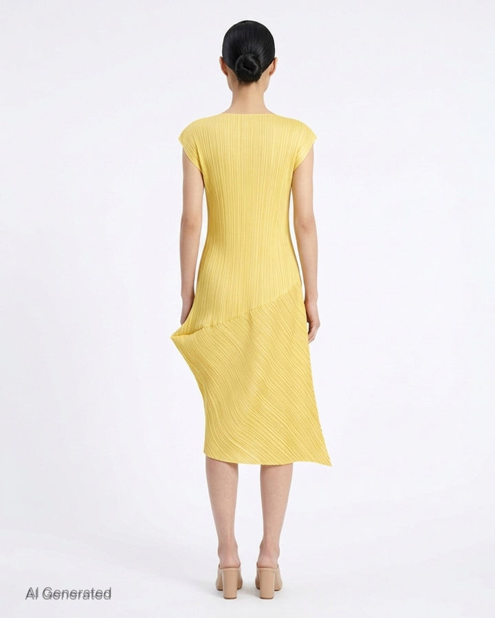 Black sleeveless pleated midi dress by Pleats Please Issey Miyake with vertical pleated bodice and asymmetric diagonal-pleated skirt - back