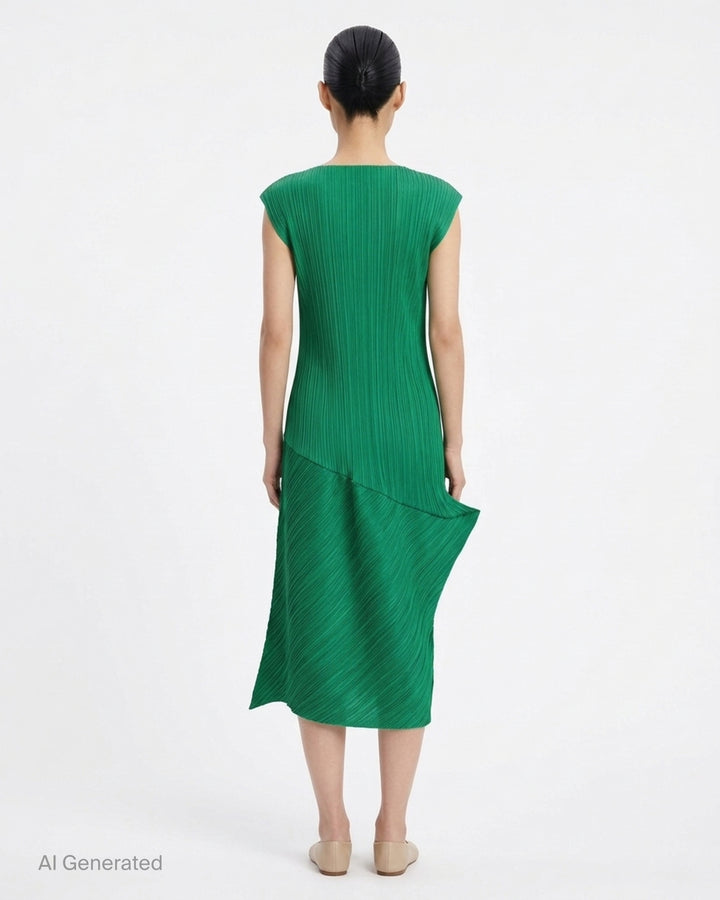 Black sleeveless pleated midi dress by Pleats Please Issey Miyake with vertical pleated bodice and asymmetric diagonal-pleated skirt - back