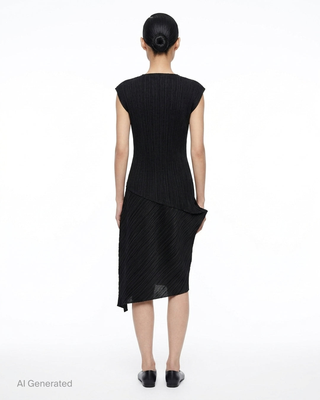 Black sleeveless pleated midi dress by Pleats Please Issey Miyake with vertical pleated bodice and asymmetric diagonal-pleated skirt - back
